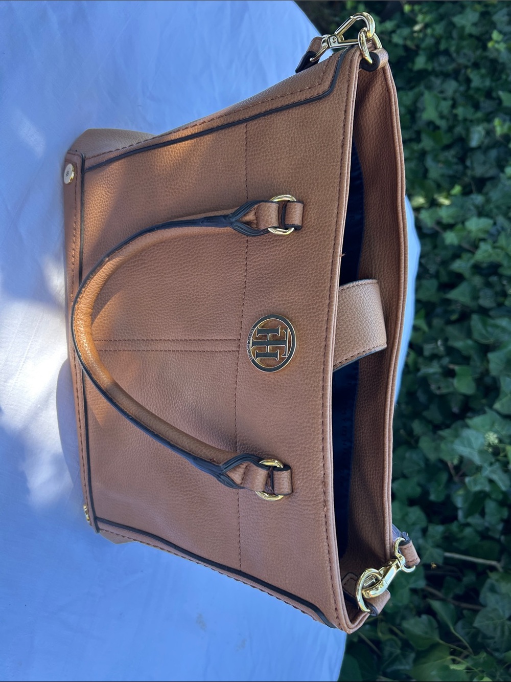 Tommy Hilfiger Tan Leather Shoulder Tote with Gold Emblem